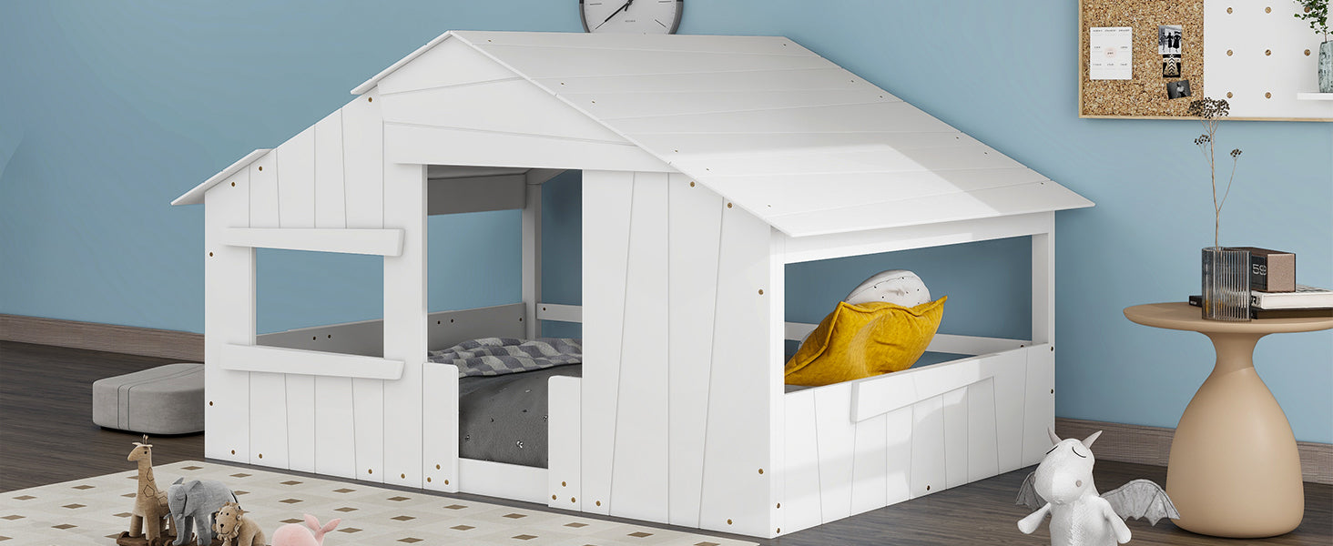 Wood Full Size House Bed with Roof, Window and Guardrail, White - Atlantic Fine Furniture Melbourne FL