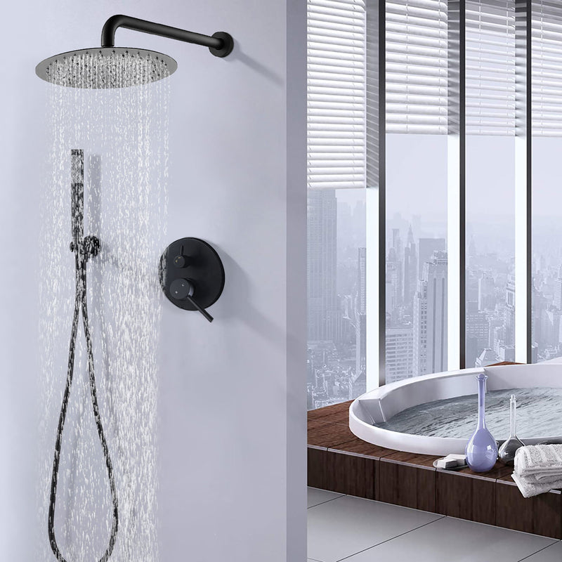 Round Rain Shower Head And Handheld Shower Set With Brass Construction - Matte Black