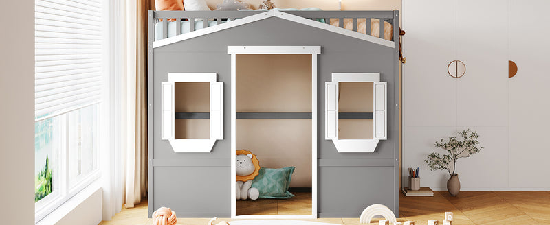 Twin Size House Loft Bed With Ladder-Gray+White Frame