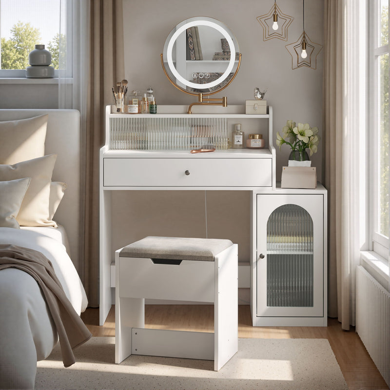 White Vanity Desk With 360° Rotated Mirror And Adjustable Lights, Girls Makeup Vanity Table With Storage Chair And Side Cabinet - Antique White