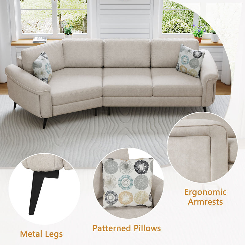 Upholstered 3 Seater Curved Sofa With Printed Pillows Chenille