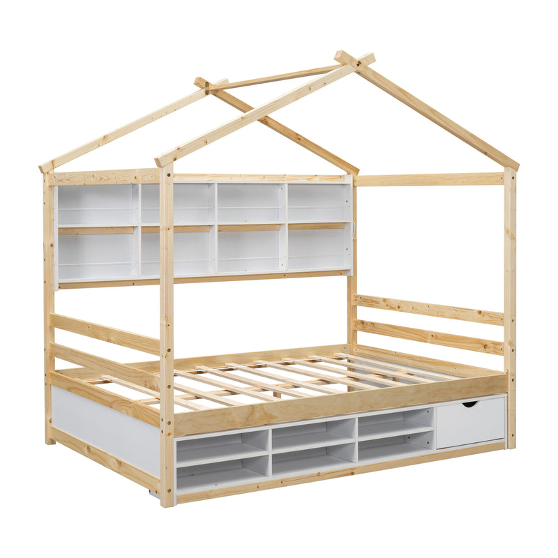 House Bed With Roof Frame, Bedside-Shelves, Under Bed Storage Unit