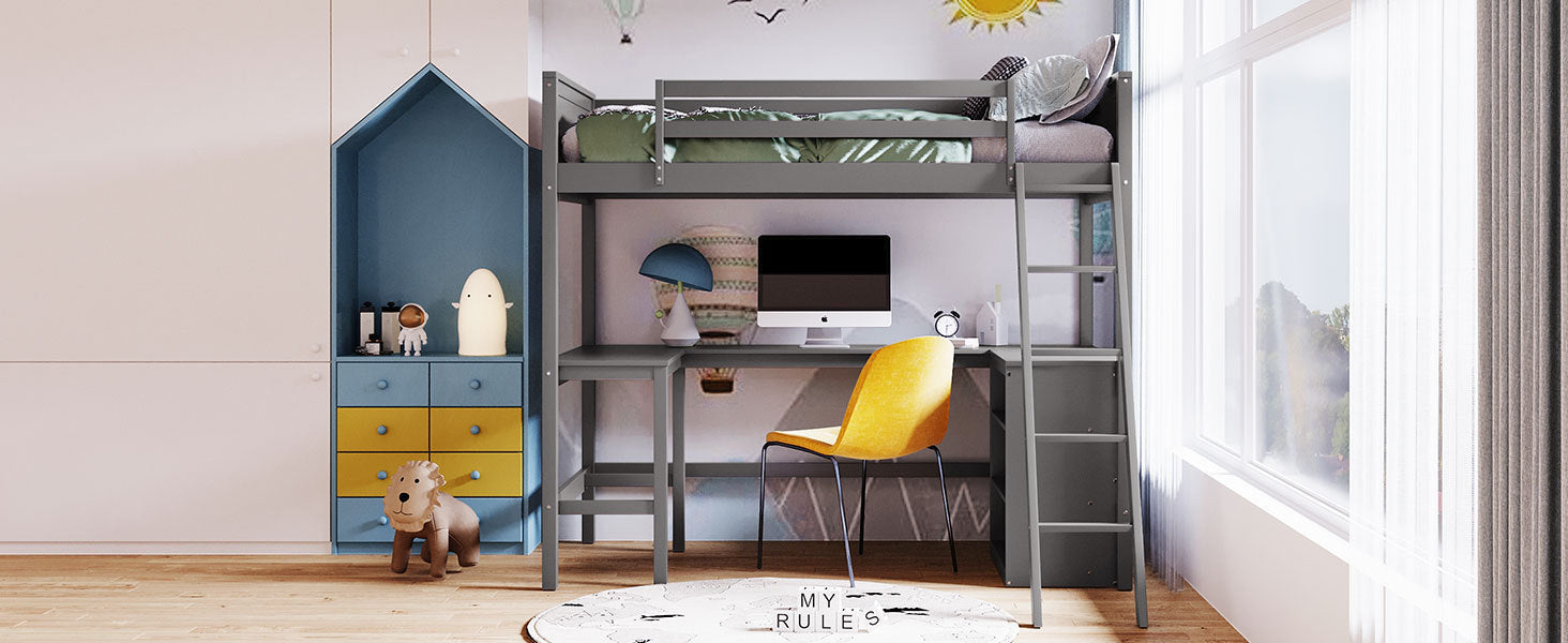 Twin size Loft Bed with Shelves and Desk, Wooden Loft Bed with Desk - Gray(OLD SKU:LT000537AAE) - Atlantic Fine Furniture Melbourne FL