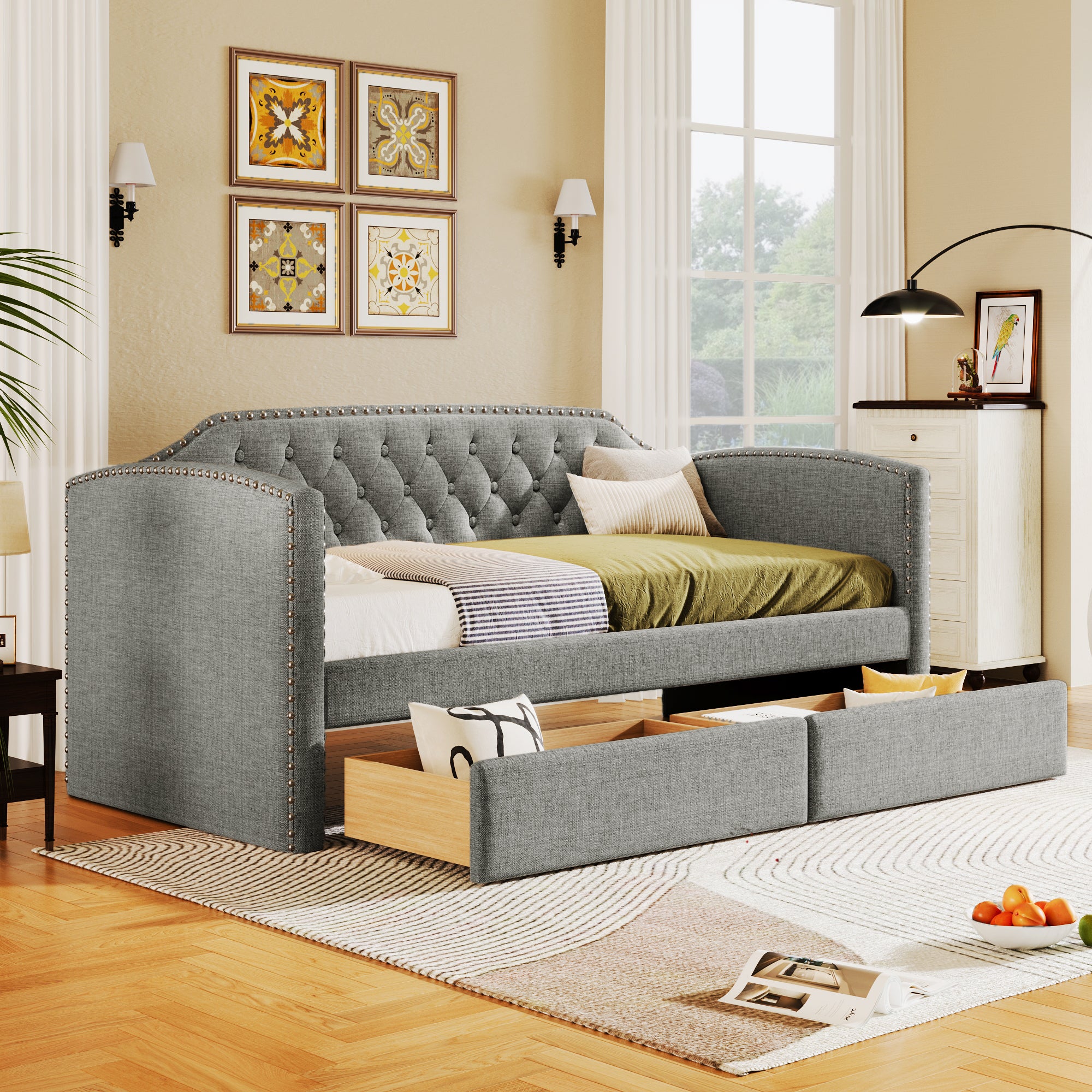 Twin Size Upholstered Daybed with Drawers for Guest Room, Small Bedroom, Study Room,Gray - Atlantic Fine Furniture Melbourne FL