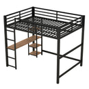 Full Size Metal Loft Bed with Built-in Desk and Storage Shelves, Black