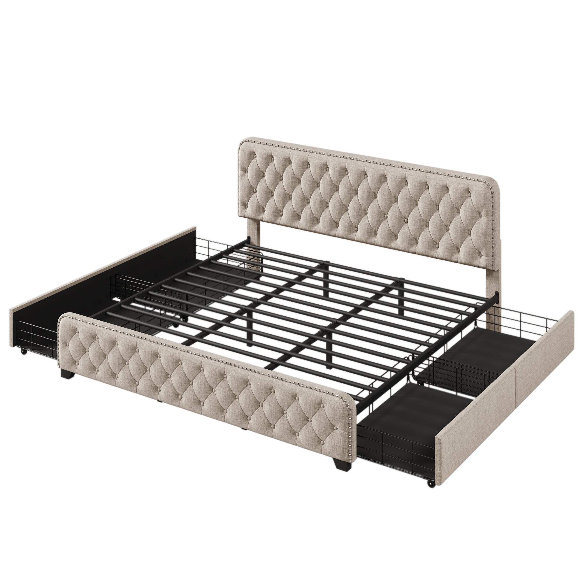 Upholstered Platform Bed Frame with Four Drawers, Button Tufted Headboard and Footboard Sturdy Metal Support, No Box Spring Required, Beige, King (Old sku:BS300277AAA) - Atlantic Fine Furniture Melbourne FL
