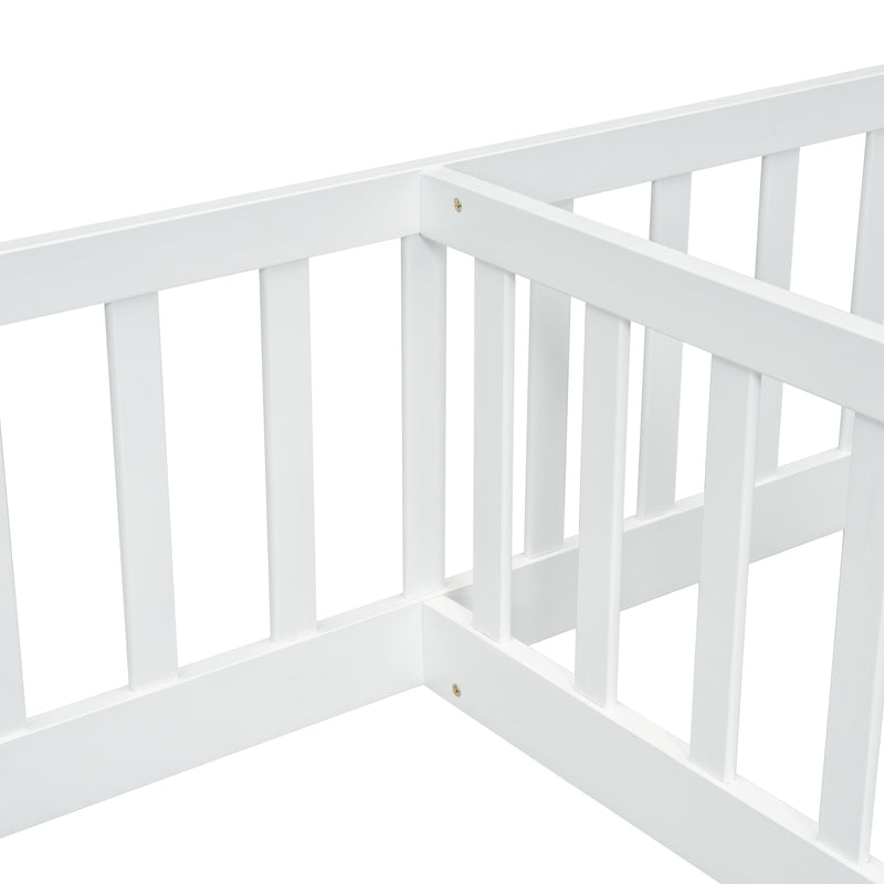 Double Twin Floor Bed with Fence, Guardrails, without door, White