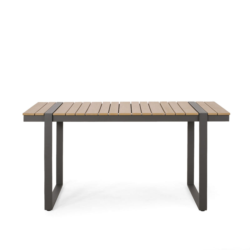 Modern Outdoor Dining Table With Aluminum Frame And Faux Wood Slats