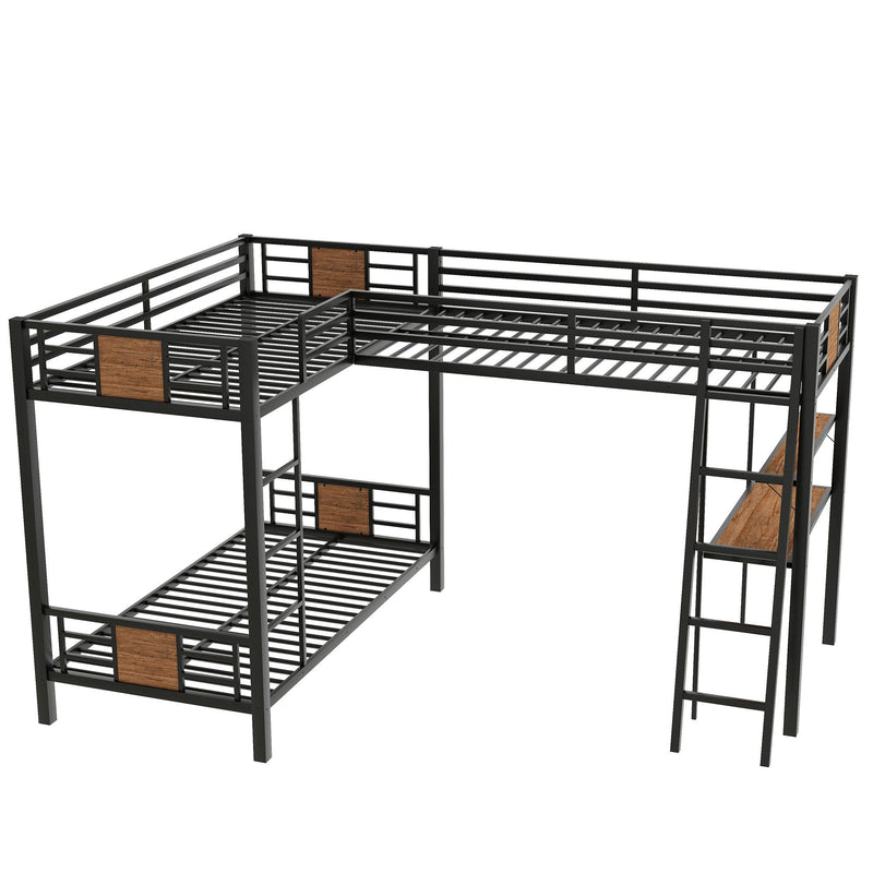 L-Shaped Twin Over Twin Bunk Bed With Twin Size Loft Bed With Desk And Shelf - Brown