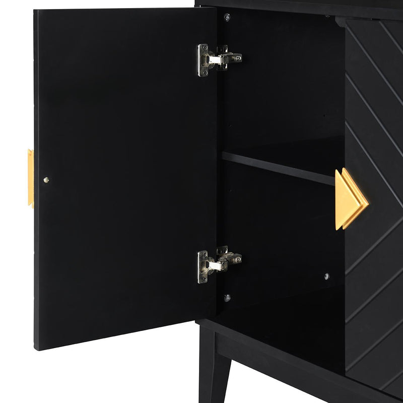 4 Door Sideboard Storage Cabinet For Living Room And Dining Room, 2 Large Cabinets With Gold Handles And Adjustable Shelf - Black