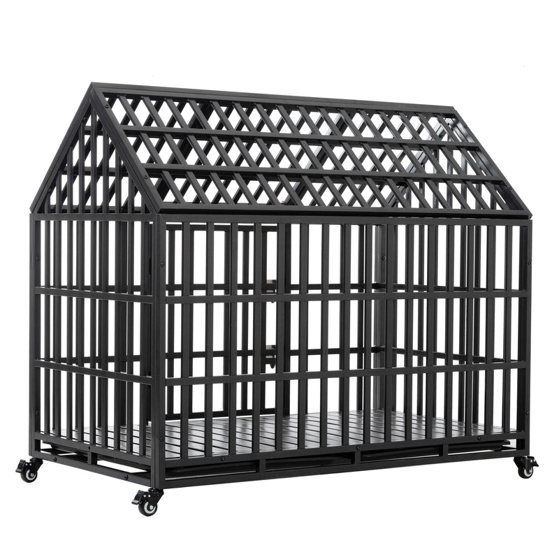 Heavy Duty Dog Crate Large Dog Cage Strong Metal Dog Kennels And Crates For Large Dogs With 4 Lockable Wheels - Black