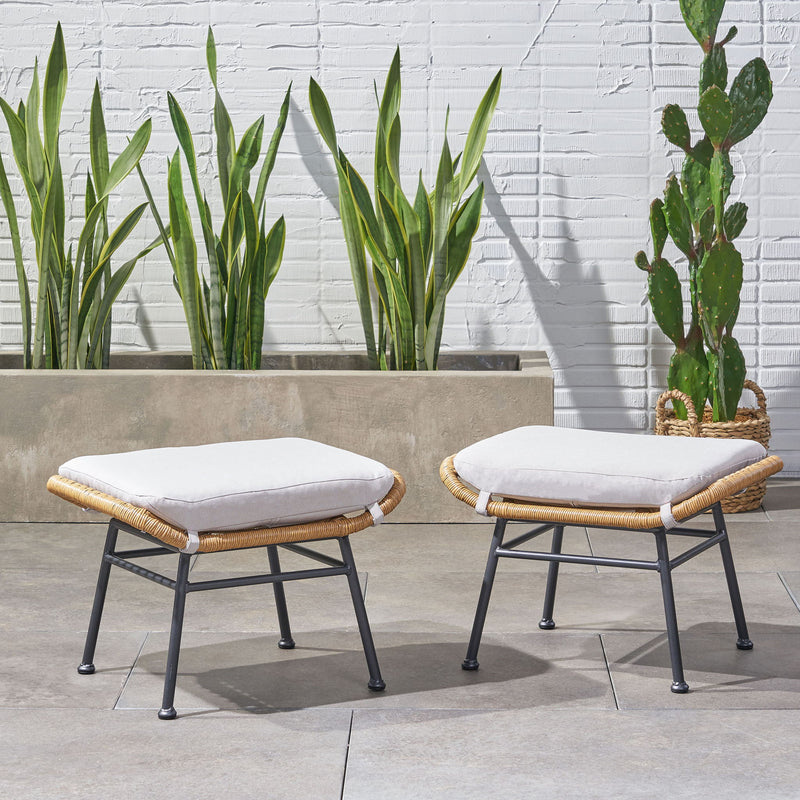 Outdoor Modern Boho Wicker Ottoman With Cushions (Set of 2)