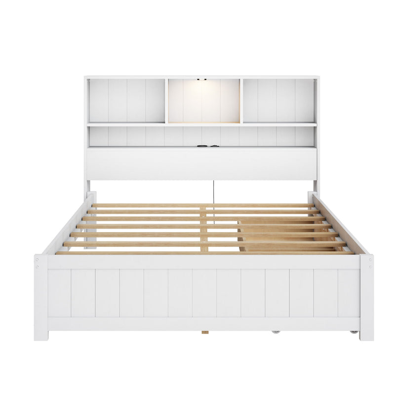 Platform Bed With Bookcase Headboard, Built-In Downlight, Charging Station, And 2 Side Drawers