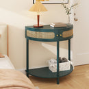 Boho Rattan Semi Circle End Table With Sliding Rattan Door, Storage And Bottom Shelf