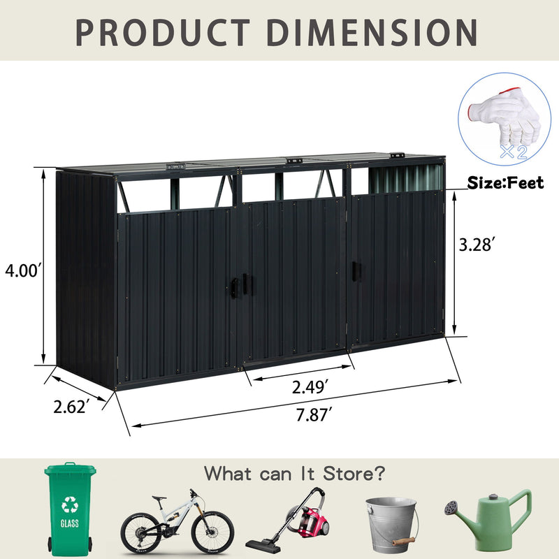 Garbage Bin Shed Stores 2 Trash Cans Metal Outdoor Bin Shed For Garbage Storage, Stainless Galvanized Steel, Bin Shed For Garden Yard Lawn