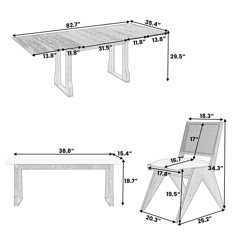 6 Piece Extendable Dining Table Set With 4 Wicker Back Upholstered Dining Chairs And Long Bench, 2 Removable Leaf