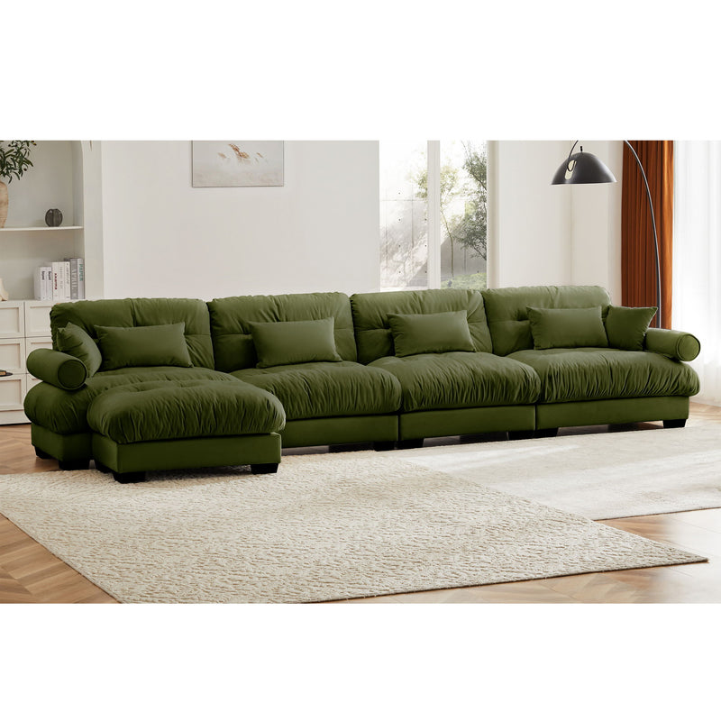 Modern Sectional Sofa With Ottoman, Round Bolster Armrests, Waist And Throw Pillows