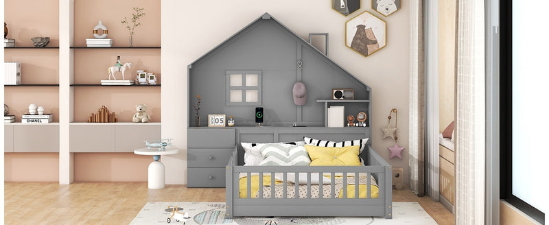 Full Size House Bed with Window and Bedside Drawers, Platform Bed with Shelves and a set of Sockets and USB Port, Gray