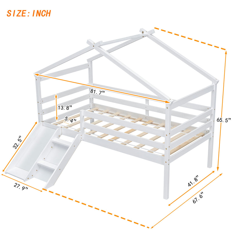 Low Loft House Bed With Slide, Ladder, Safety Guardrails, House Roof Frame