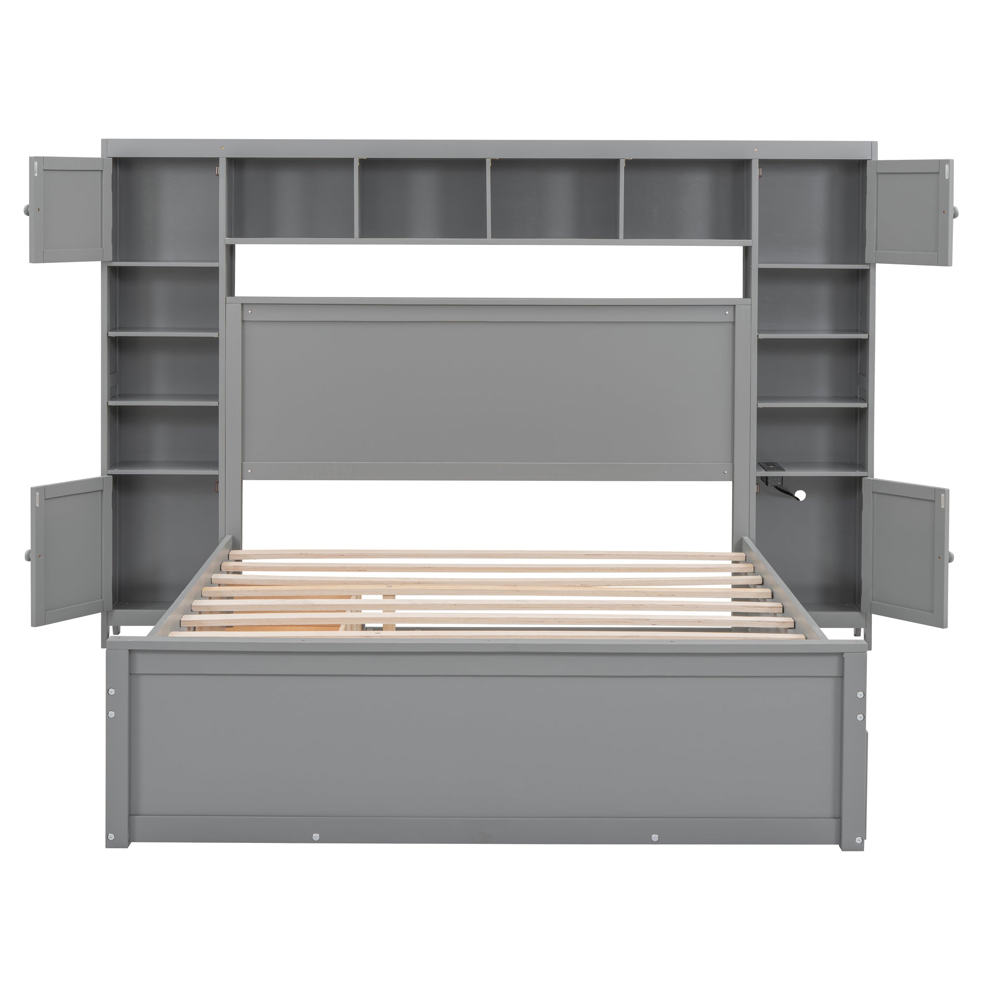 Queen Size Wooden Bed With All-in-One Cabinet, Shelf and Sockets, Gray - Atlantic Fine Furniture Melbourne FL