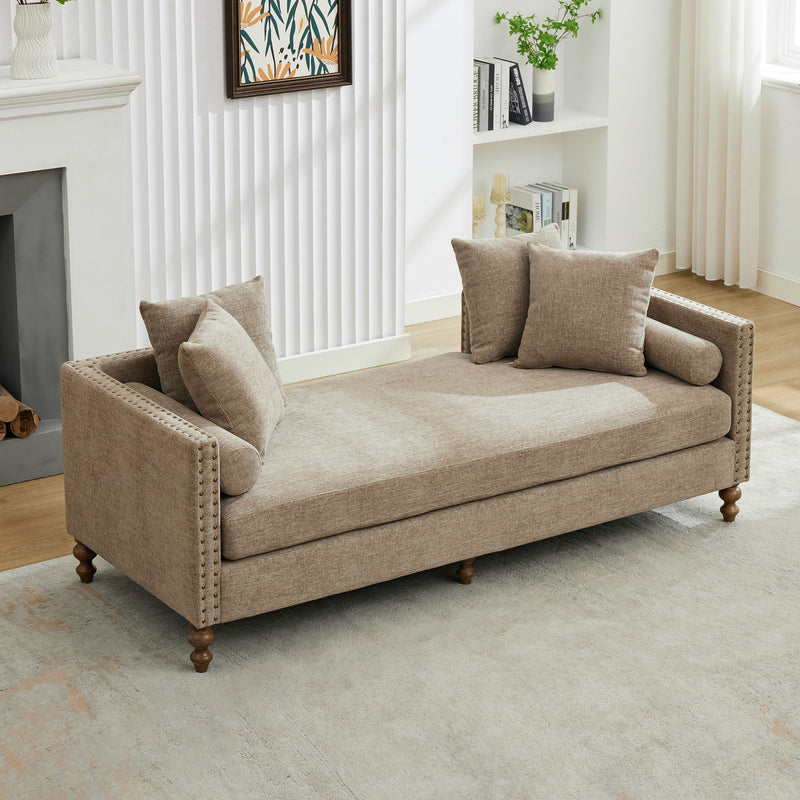 Upholstered Chaise Lounge Indoor With Nailheads, Sleeper Sofa Couch With 4 Throw Pillows & 2 Bolsters, Daybed With Rubberwood Legs