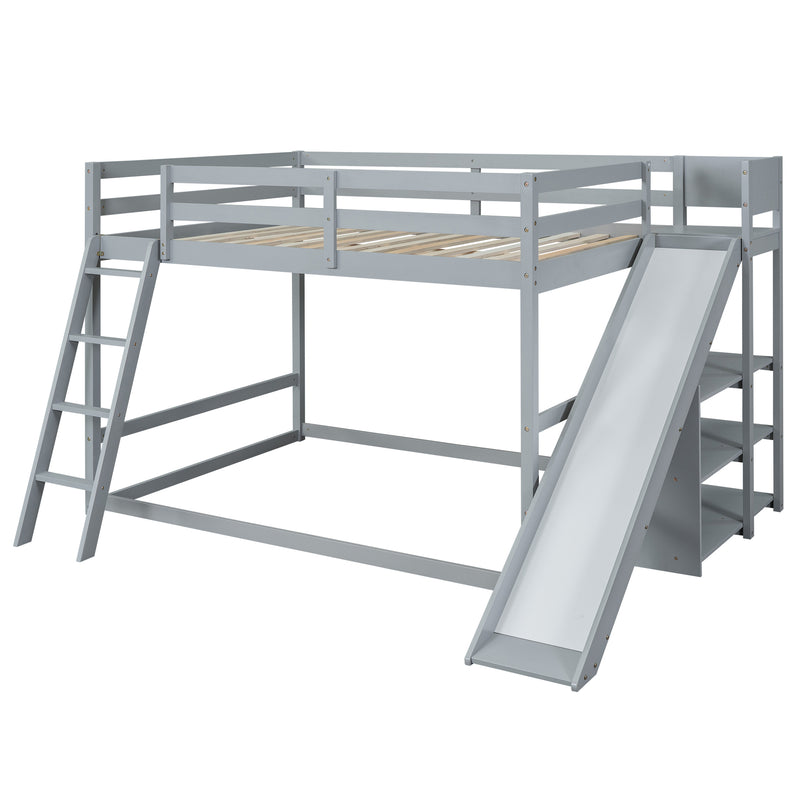 Full over Full Bunk Bed with Ladder, Slide and Shelves, Gray