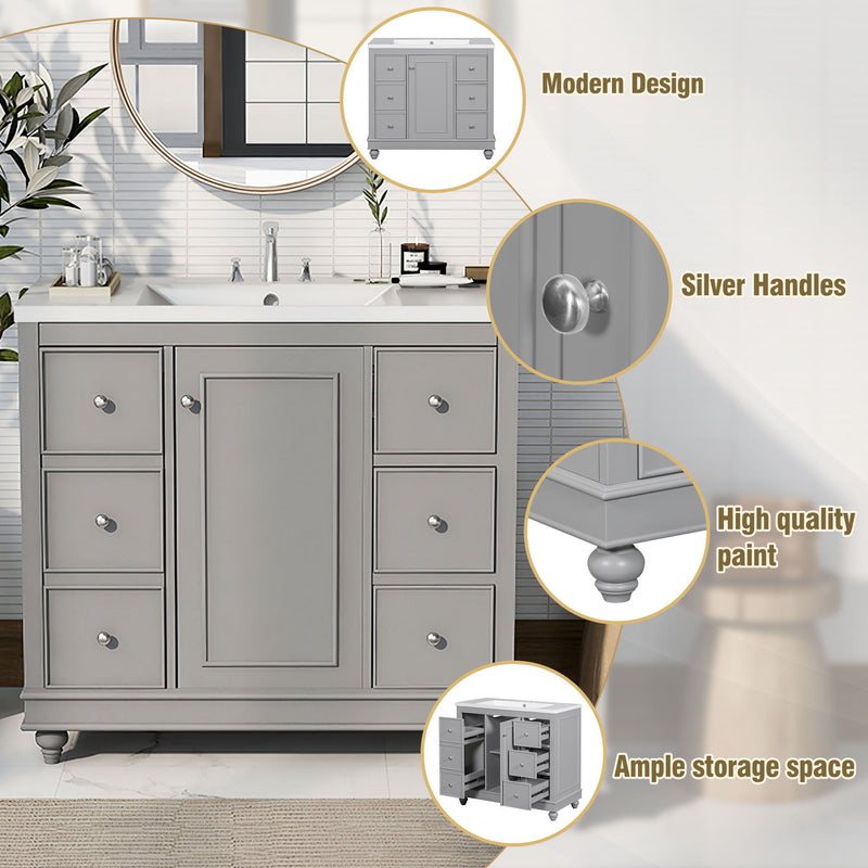 Contemporary Bathroom Vanity Cabinet, 4 Drawers & 1 Cabinet Door, Multipurpose Storage, Resin Integrated Sink, Adjustable Shelves, Solid Wood Frame With MDF