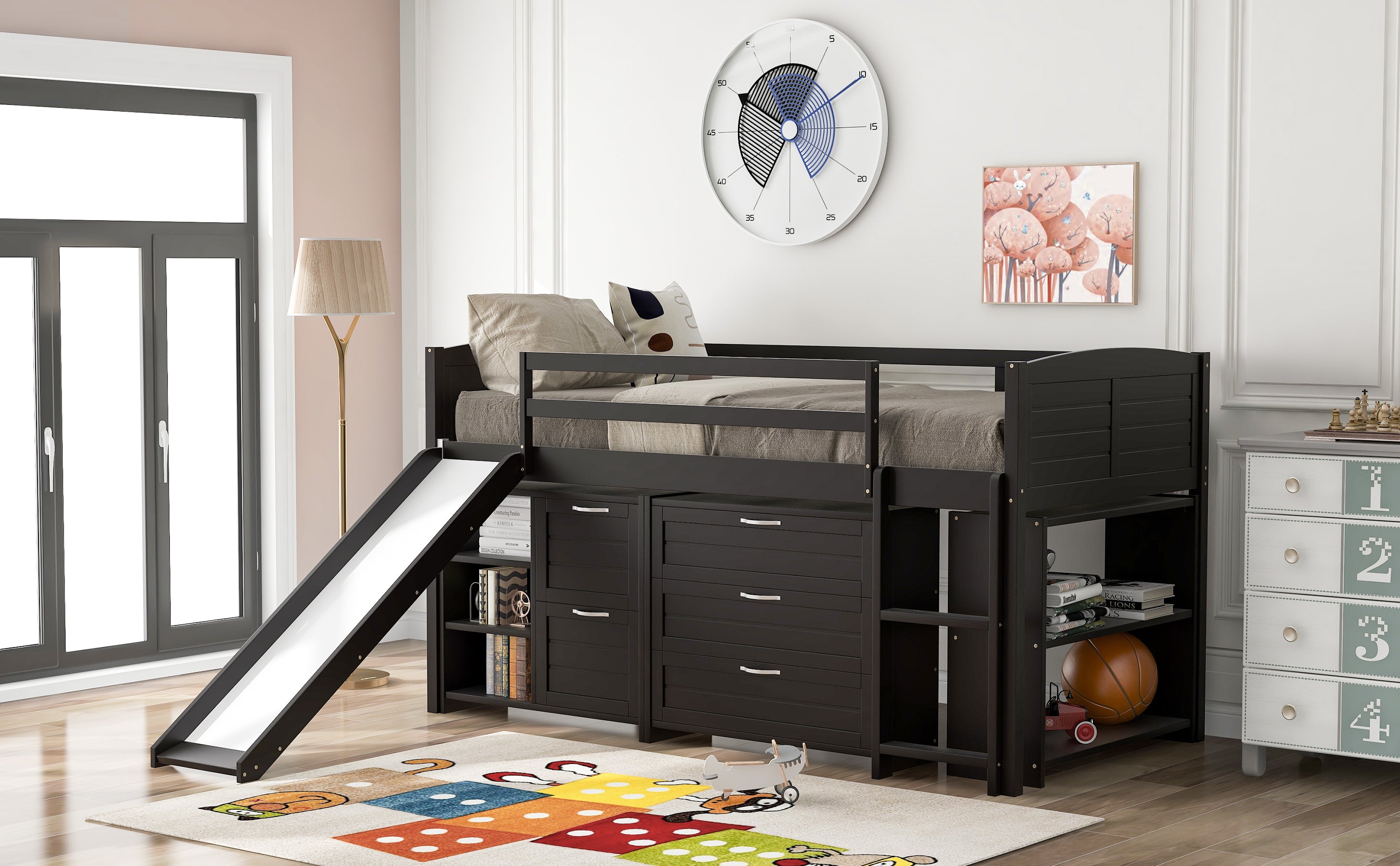 Low Twin Size Loft Bed with Cabinets, Shelves and Slide - Espresso(OLD SKU :LP000503AAP) - Atlantic Fine Furniture Melbourne FL