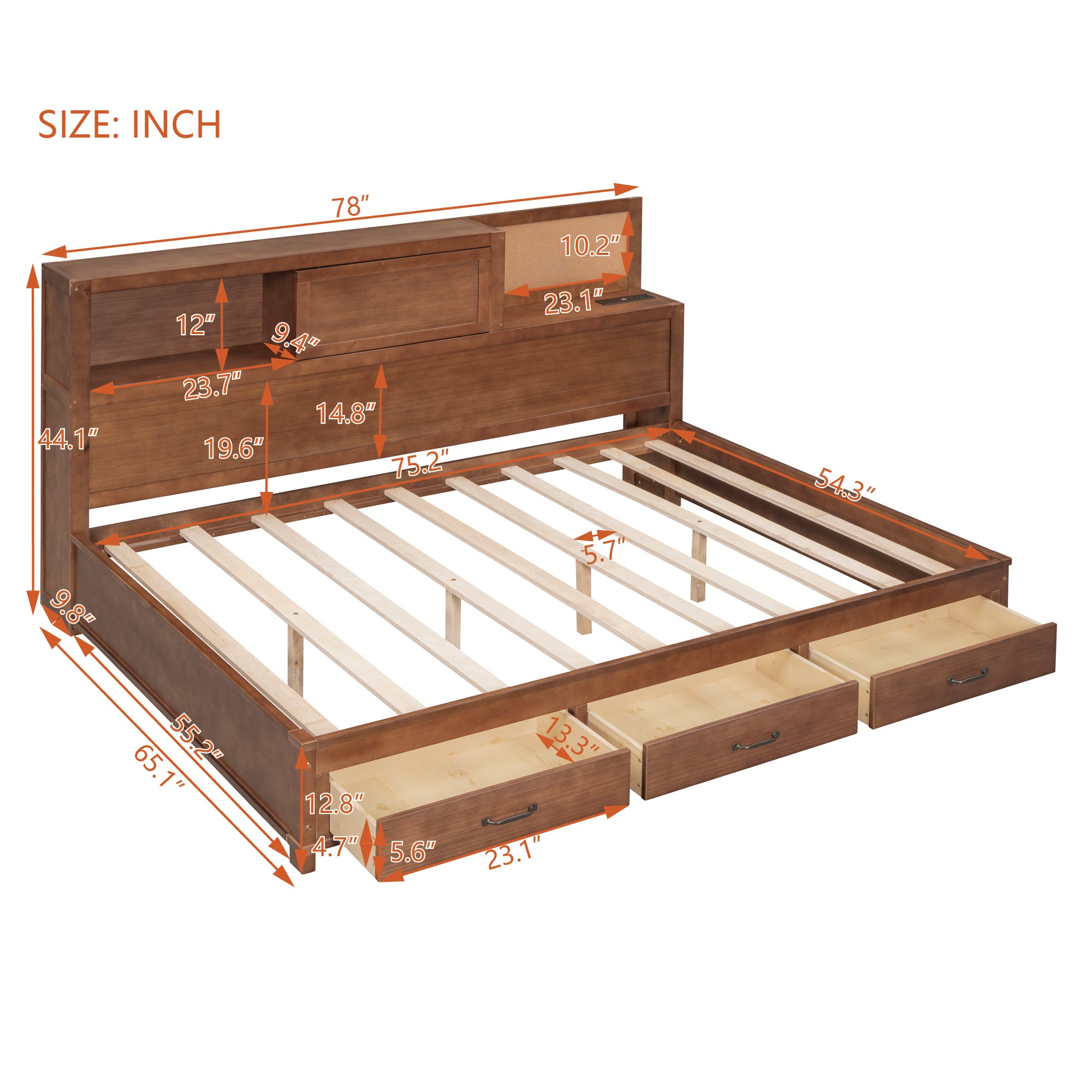 Full Size Wooden Daybed with 3 Storage Drawers, Upper Soft Board, shelf, and a set of Sockets and USB Ports, Brown - Atlantic Fine Furniture Melbourne FL