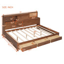 Full Size Wooden Daybed with 3 Storage Drawers, Upper Soft Board, shelf, and a set of Sockets and USB Ports, Brown