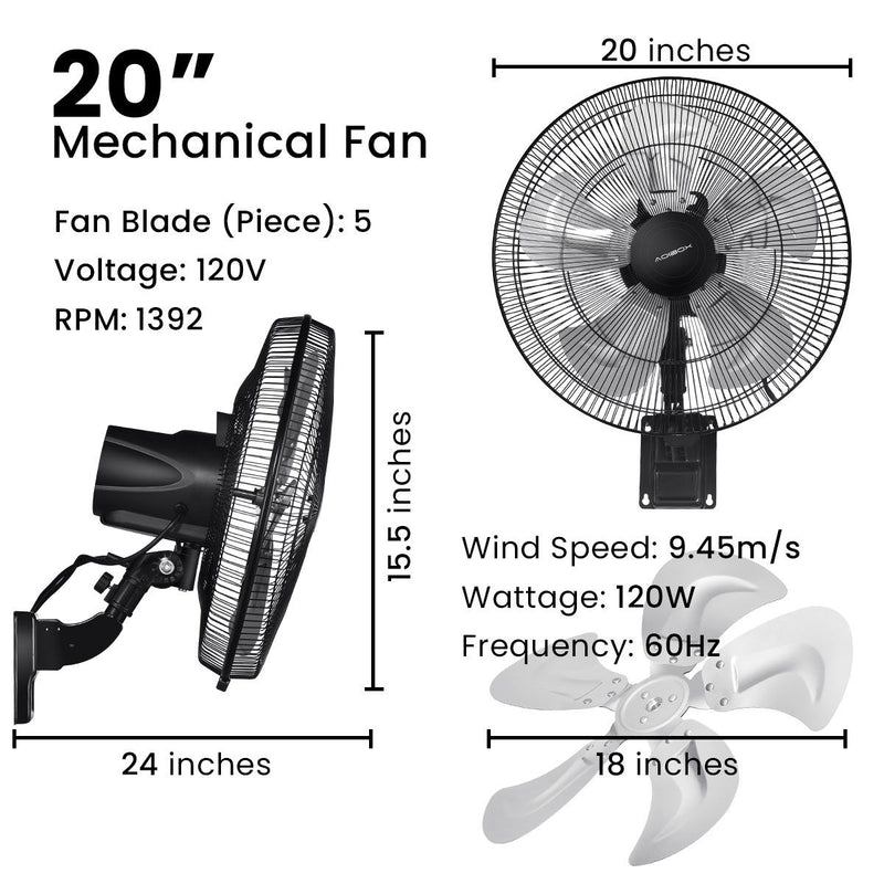 90 Degree 5 Speed Settings Wall Mount Fan Horizontal Oscillation Indoor / Outdoor Household Commercial - Black