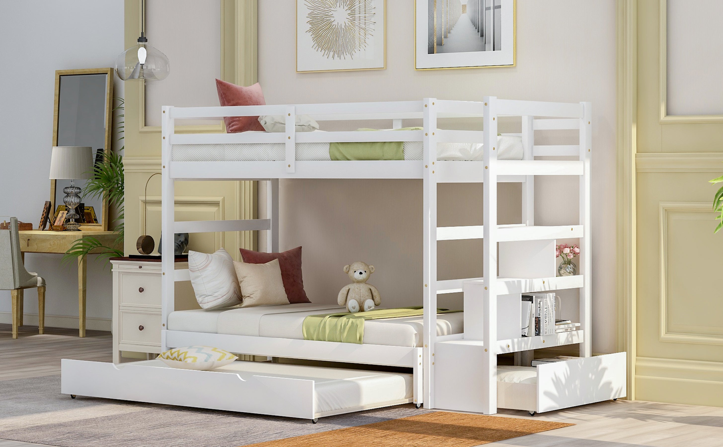 Twin over Twin/King (Irregular King Size) Bunk Bed with Twin Size Trundle, Extendable Bunk Bed   (White)(OLD SKU :LP000032AAK) - Atlantic Fine Furniture Melbourne FL