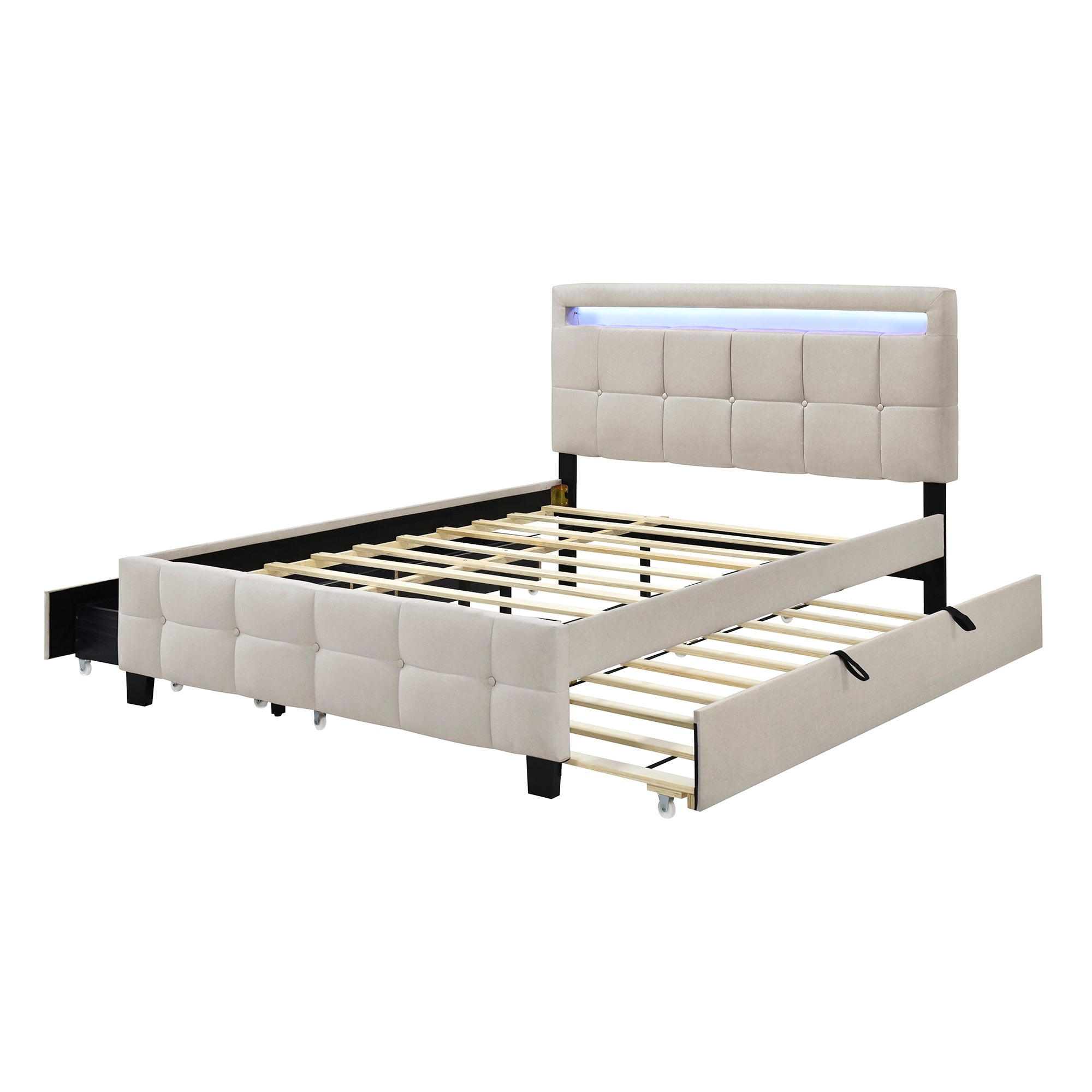 Queen Size Upholstered Platform Bed with LED Frame, with Twin XL Size Trundle and 2 drawers, Linen Fabric, Beige - Atlantic Fine Furniture Melbourne FL