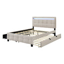 Queen Size Upholstered Platform Bed with LED Frame, with Twin XL Size Trundle and 2 drawers, Linen Fabric, Beige