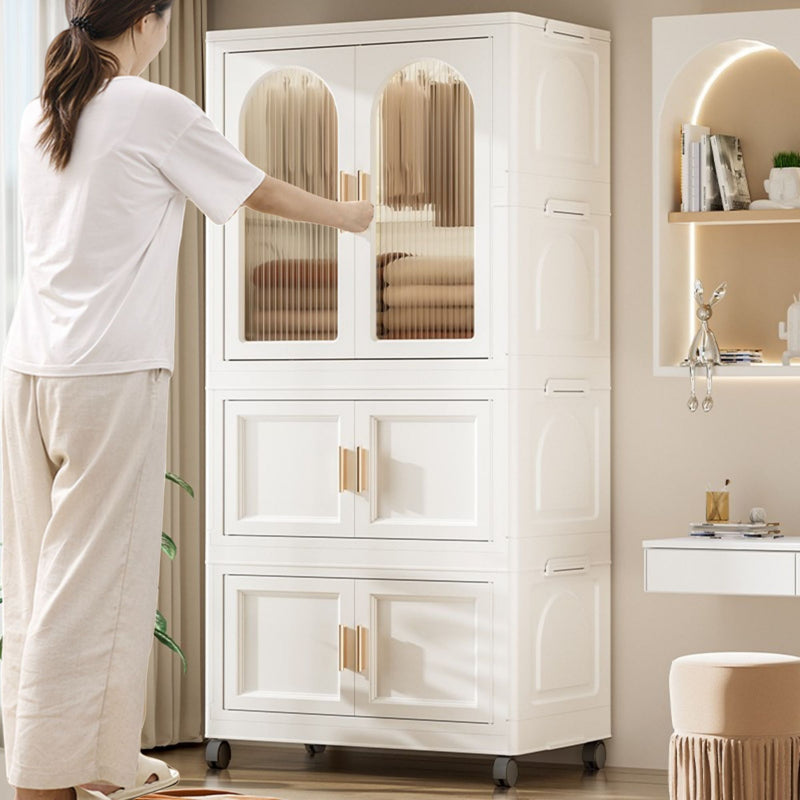 Side Wide Folding Wardrobe, With Magnetic Door, Plastic Storage Cabinet With Wheels (1 Layer Of Wardrobe + 2 Layers Of Folding Boxes + 10 Hangers) - Cream White