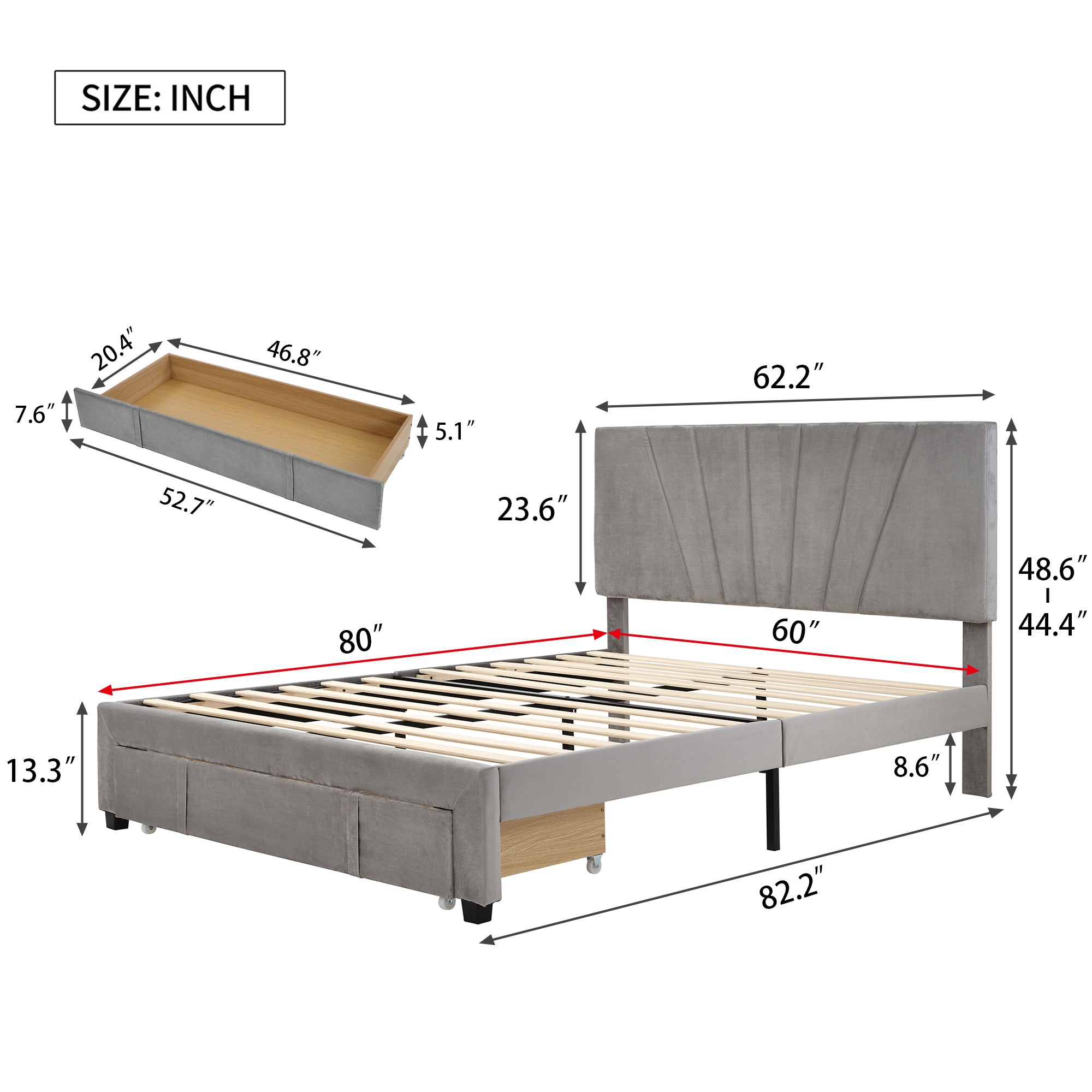 Queen Size Storage Bed Velvet Upholstered Platform Bed with a Big Drawer - Gray - Atlantic Fine Furniture Melbourne FL