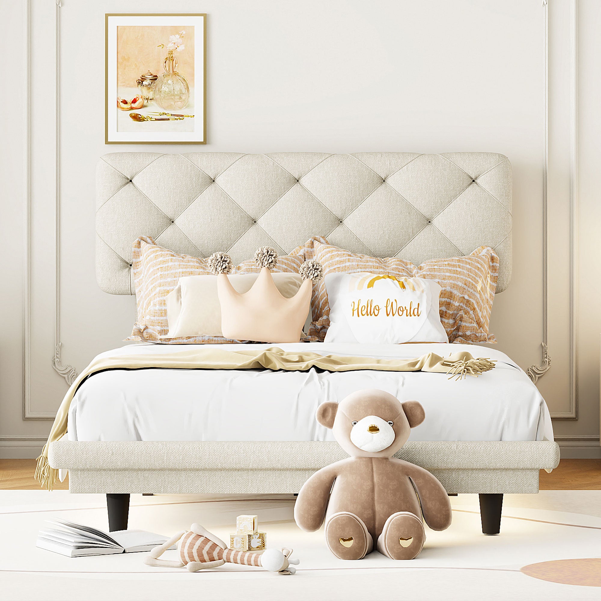 Twin Size Upholstered Bed with Light Stripe, Floating Platform Bed, Linen Fabric,Beige - Atlantic Fine Furniture Melbourne FL