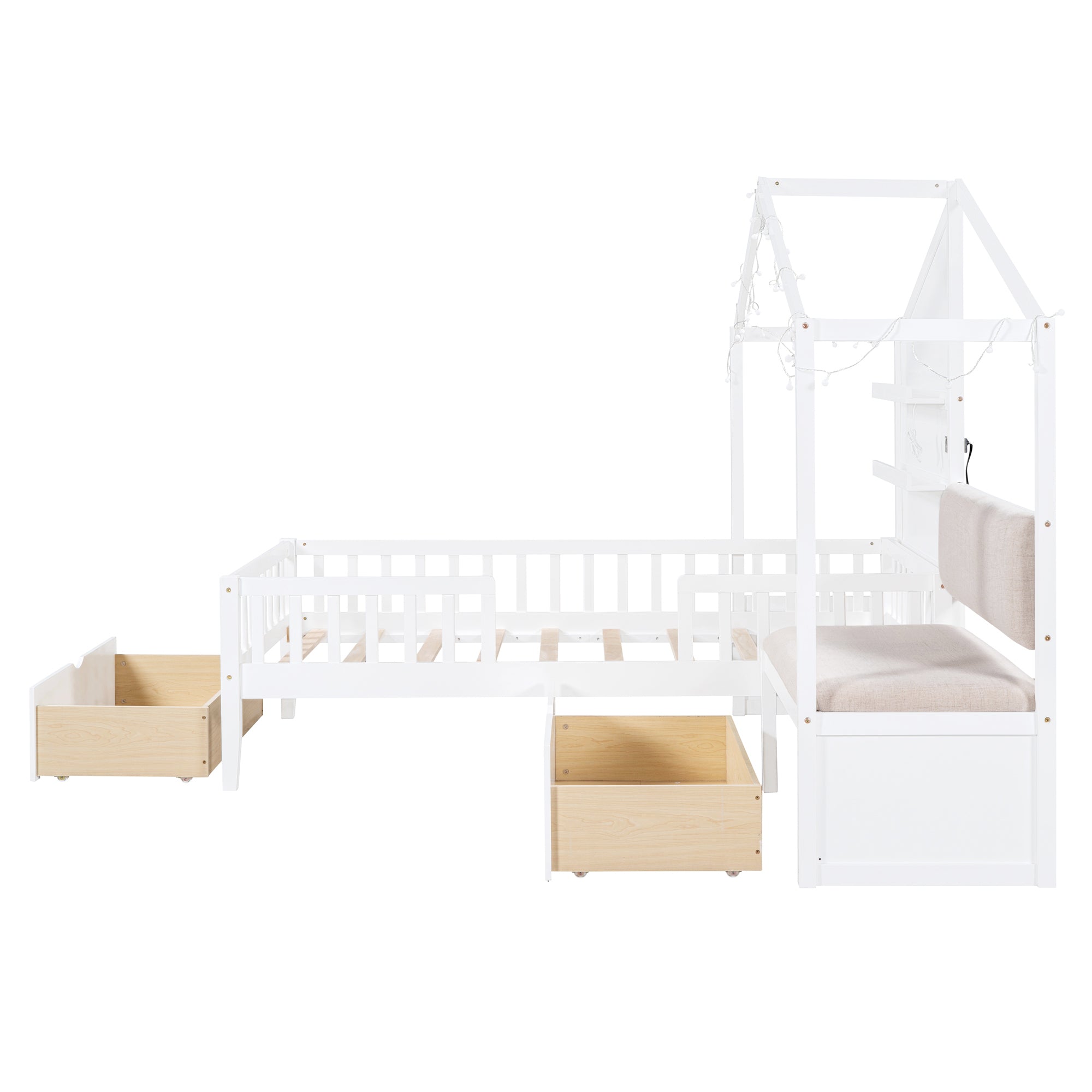 Twin Size House Bed with Upholstered Sofa, House Bed with Charging Station, Wireless Charging, Shelves and Two Drawers, White - Atlantic Fine Furniture Melbourne FL