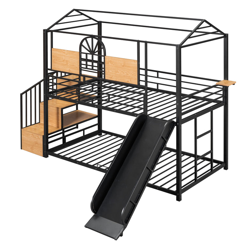 Metal Bunk Bed, Metal Housebed With Slide And Storage Stair