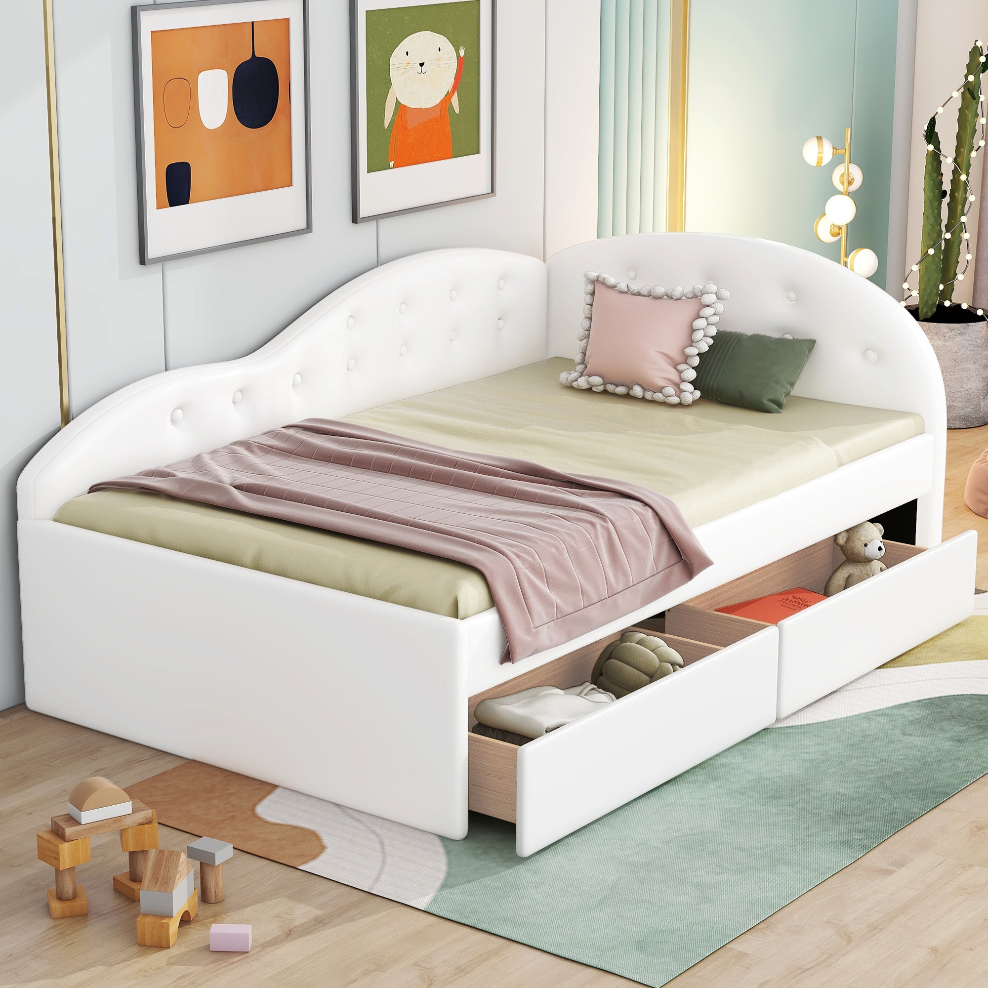 Twin Size PU Upholstered Tufted Daybed with Two Drawers and Cloud Shaped Guardrail, White - Atlantic Fine Furniture Melbourne FL