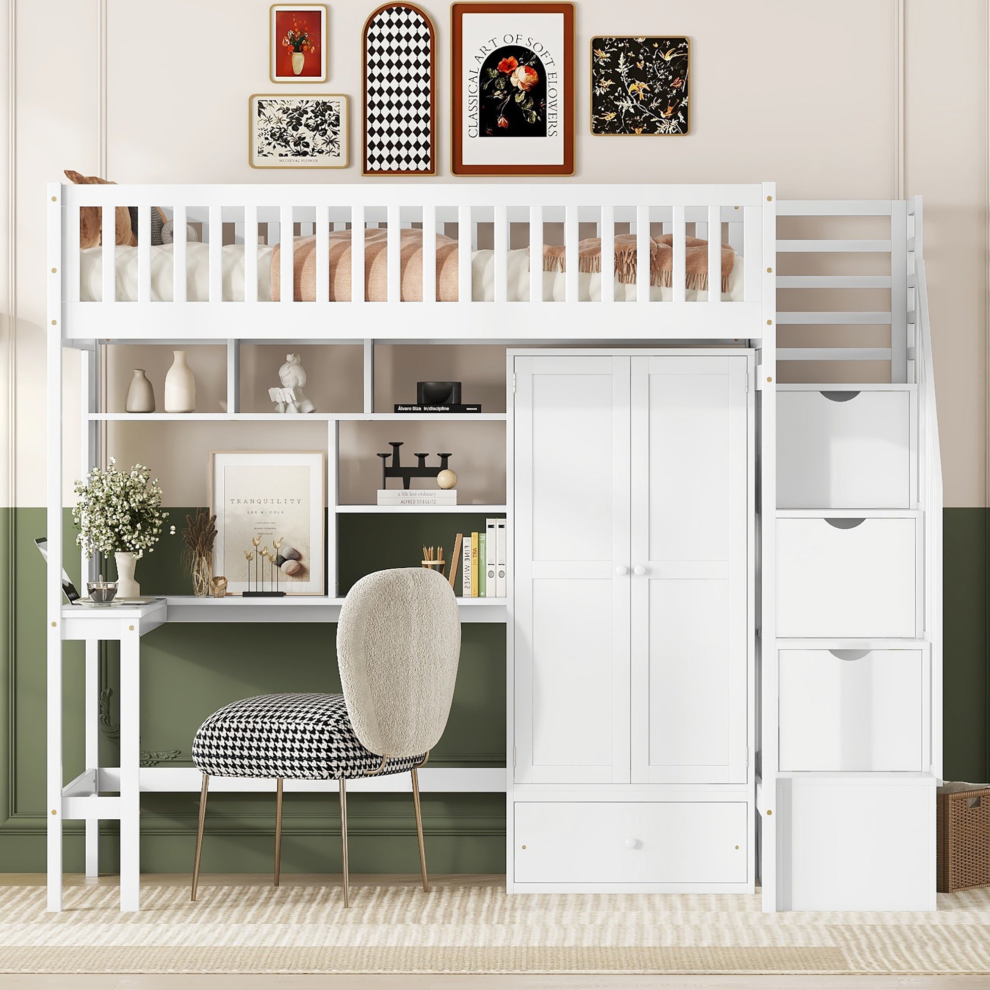 Twin size Loft Bed with Bookshelf,Drawers,Desk,and Wardrobe-White - Atlantic Fine Furniture Melbourne FL