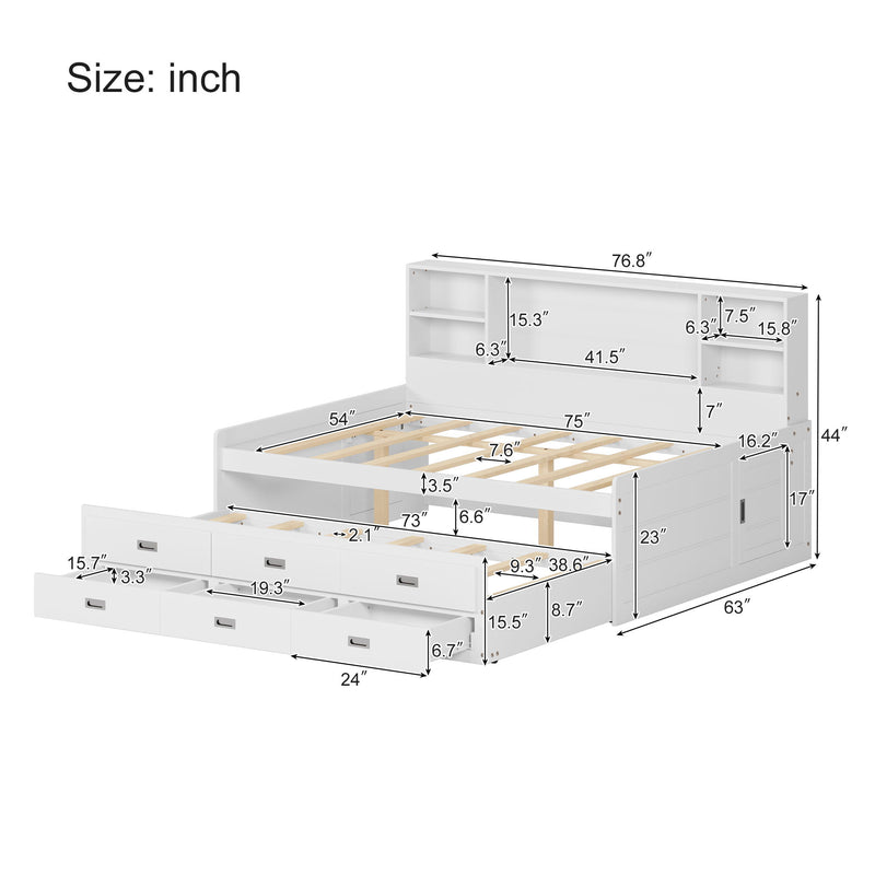 Full Size Captain Daybed With Storage Bookcase Headboard, Captain Bed With Trundle And Three Storage Drawers For Kids Teens Dorm Bedroom Multipurpose Guest Room Or Home - White