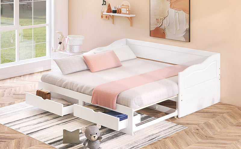 Wooden Daybed with Trundle Bed and Two Storage Drawers , Extendable Bed Daybed,Sofa Bed with Two Drawers, White