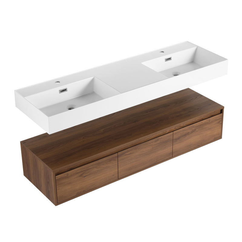 Contemporary Wall Mounted Bathroom Vanity With Dual Resin Sink And Soft Close Drawer