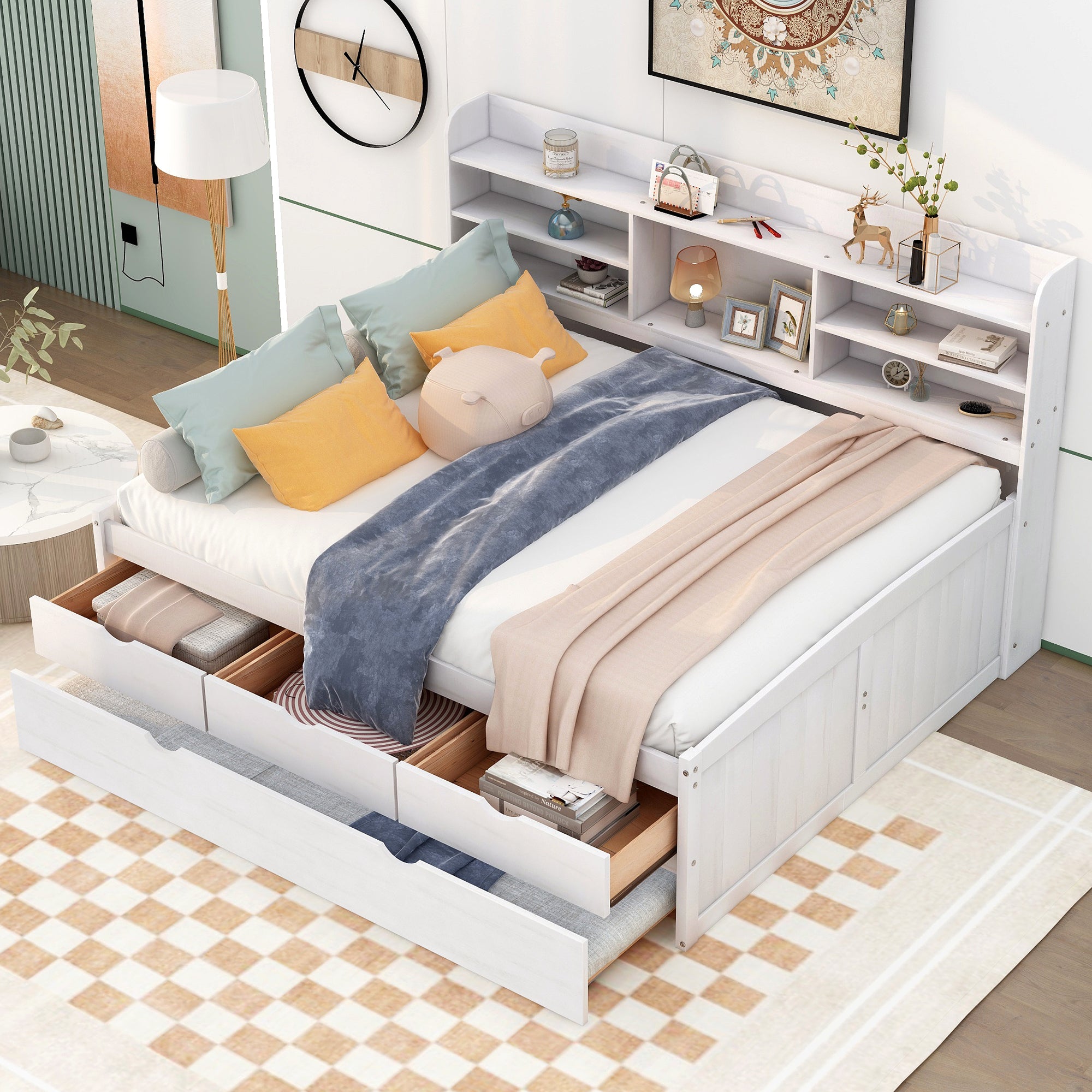 Full Size Wooden Captain Bed with Built-in Bookshelves,Three Storage Drawers and Trundle,White Wash - Atlantic Fine Furniture Melbourne FL