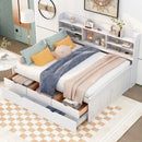Full Size Wooden Captain Bed with Built-in Bookshelves,Three Storage Drawers and Trundle,White Wash