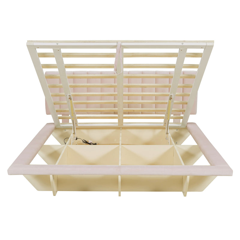 Upholstered Floating Hydrualic Platform Bed With LED Light And USB Port