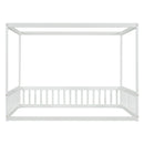 Full Size Canopy Frame Floor Bed with Fence, Guardrails,White