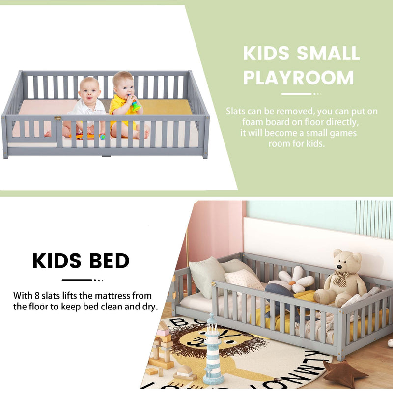Full Size Bed Floor Bed with Safety Guardrails and Door for Kids, Gray
