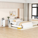 Full Size Platform Bed With a Rolling Shelf, White